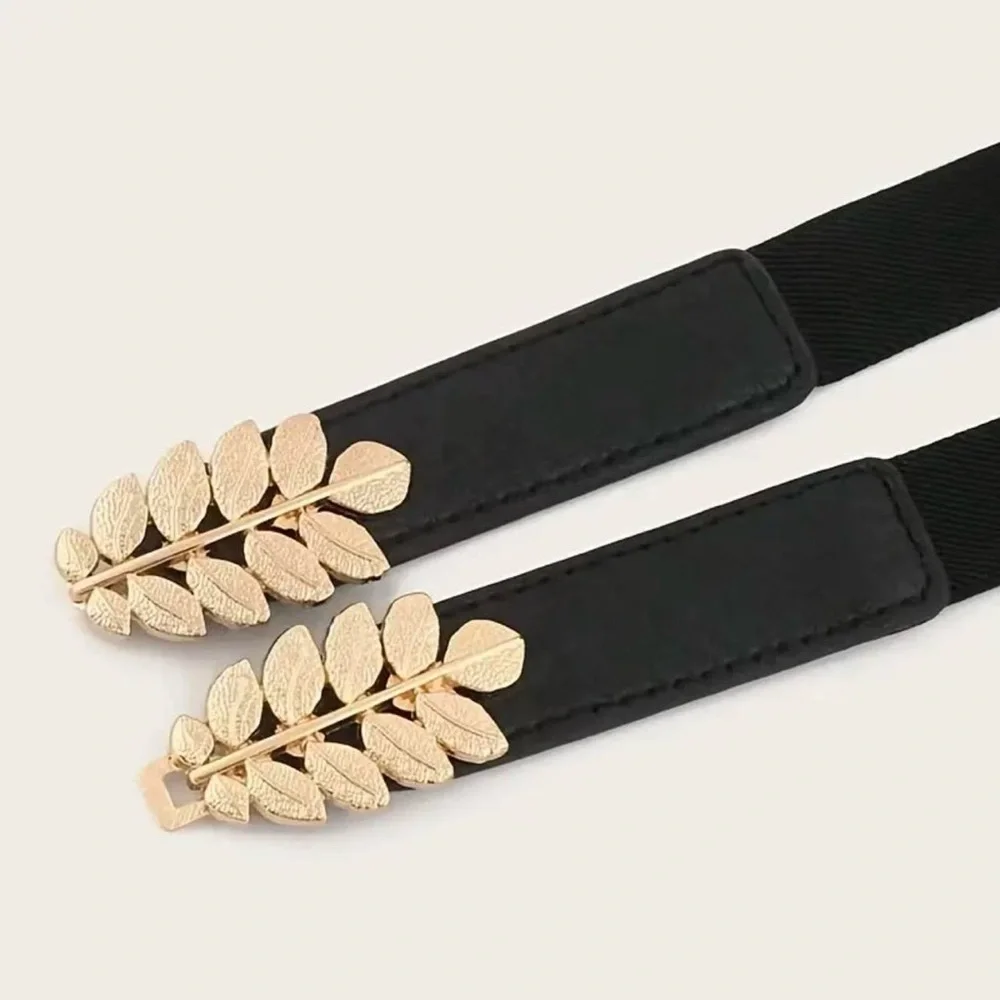 Black Elegant Gold Leaf‎ Buckle Elastic Casual Belt Adjustable One-Size